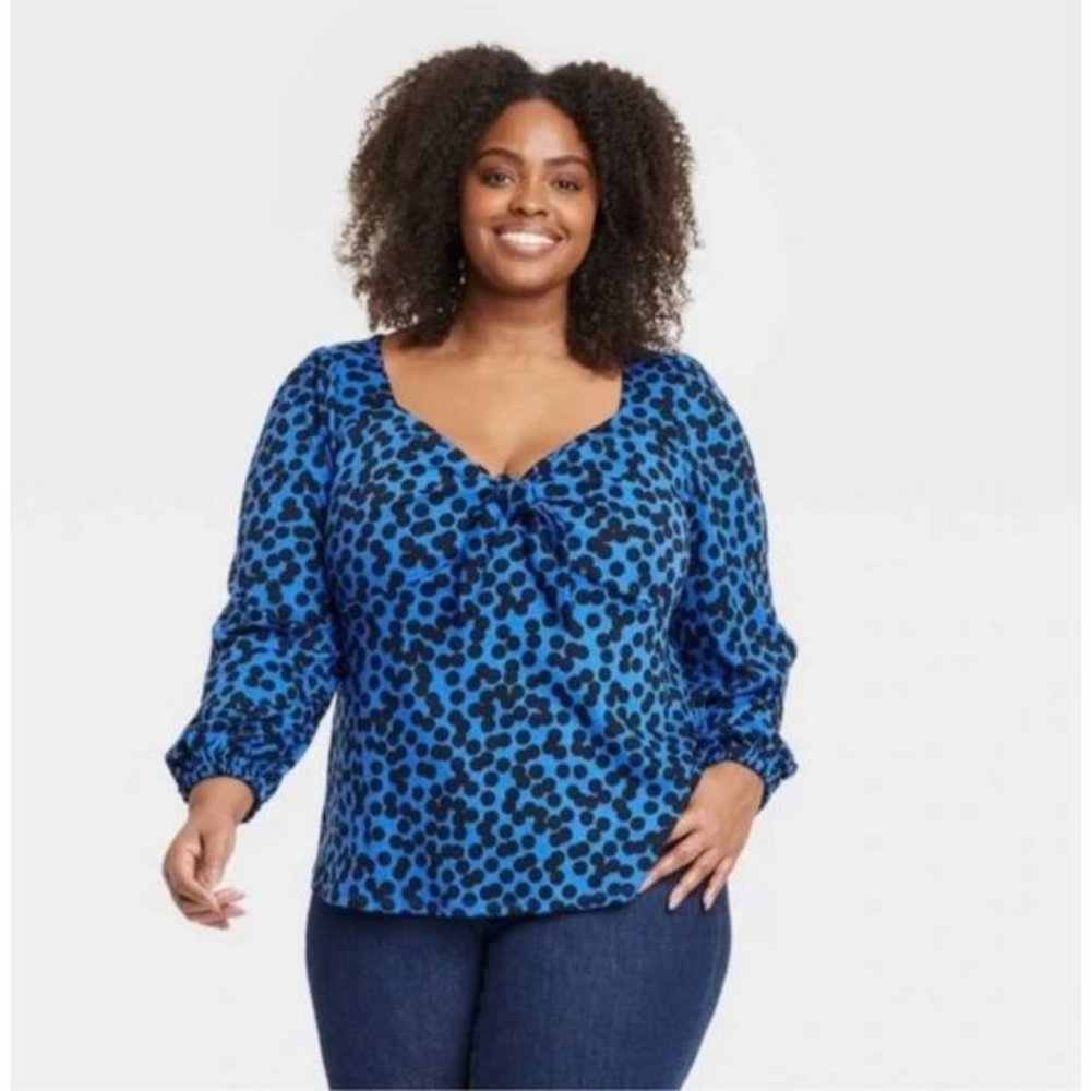 Ava & Viv New Women’s Front Tie Blue & Black Polka Dot Blouse Size 1X